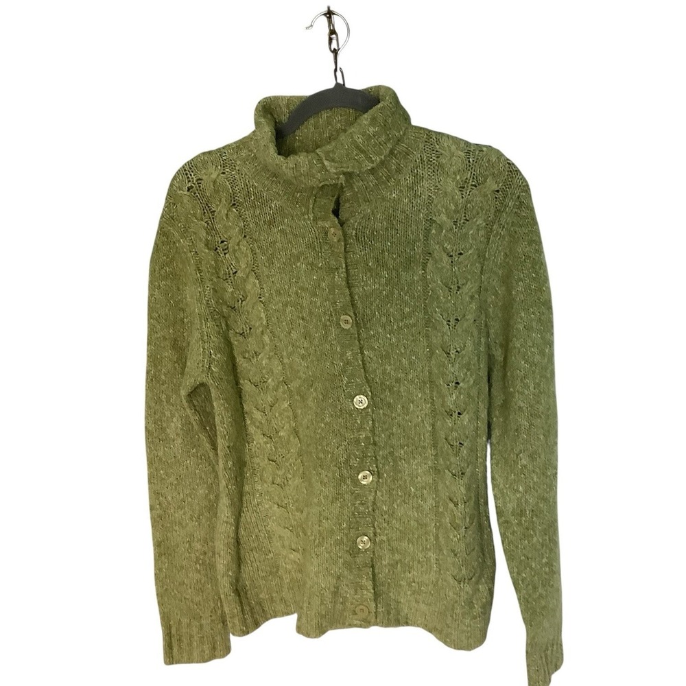 L.L.Bean Womens M Cardigan  Green Cable Knit Mock Neck Button Front  Sweater